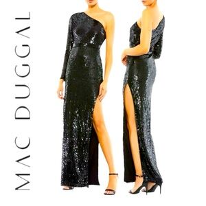 MAC DUGGAL SEQUINED ONE SLEEVE COLUMN GOWN